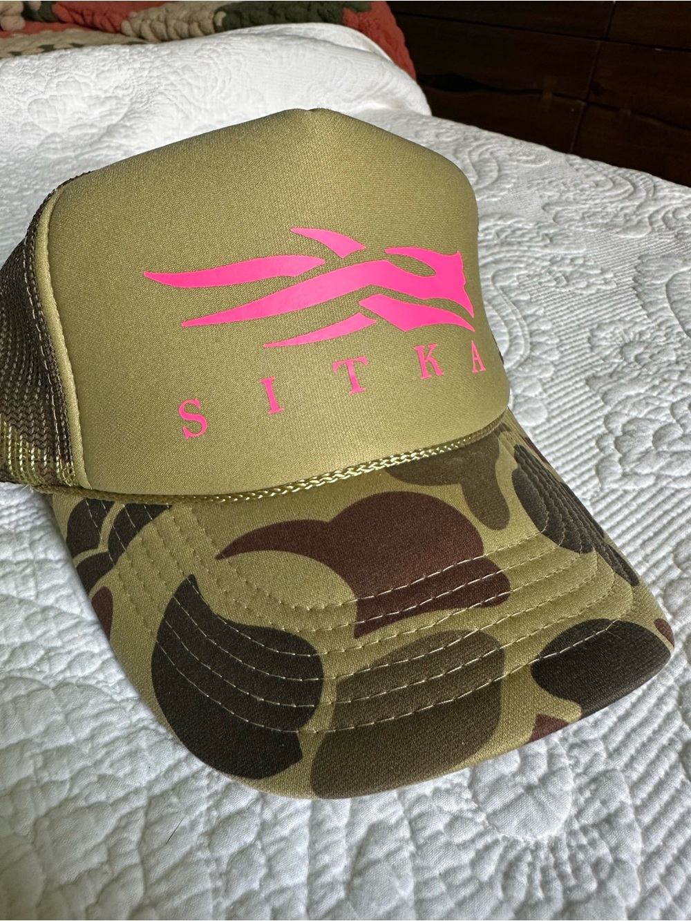Sitka Camo Trucker Hat with Pink Logo